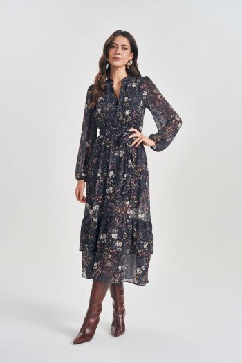 Vestido Longo em Chiffon Soft com Cinto e Babados