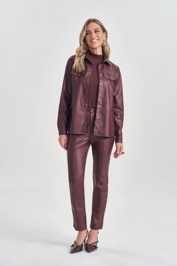 Camisa Manga Longa em PU com Botões Frontais