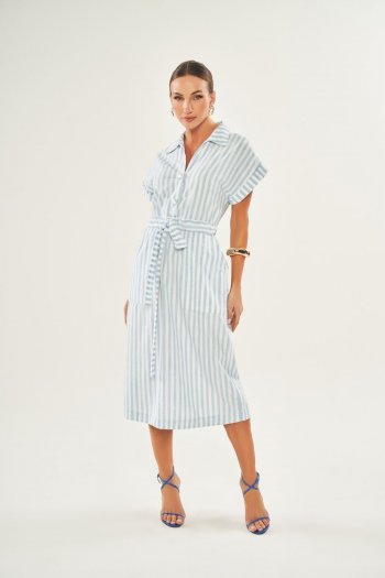 Vestido Midi Listrado com Manga Curta e Amarração