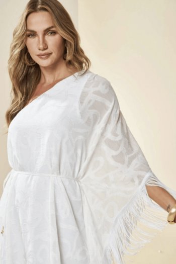 Vestido Curto um Ombro Só Lusitana com Franjas